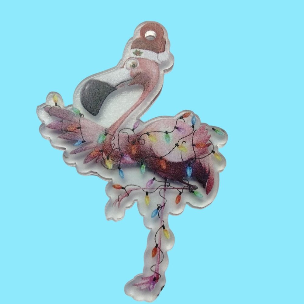 Flamingo Ornament Tangled in Christmas Lights Santa Hat Acrylic